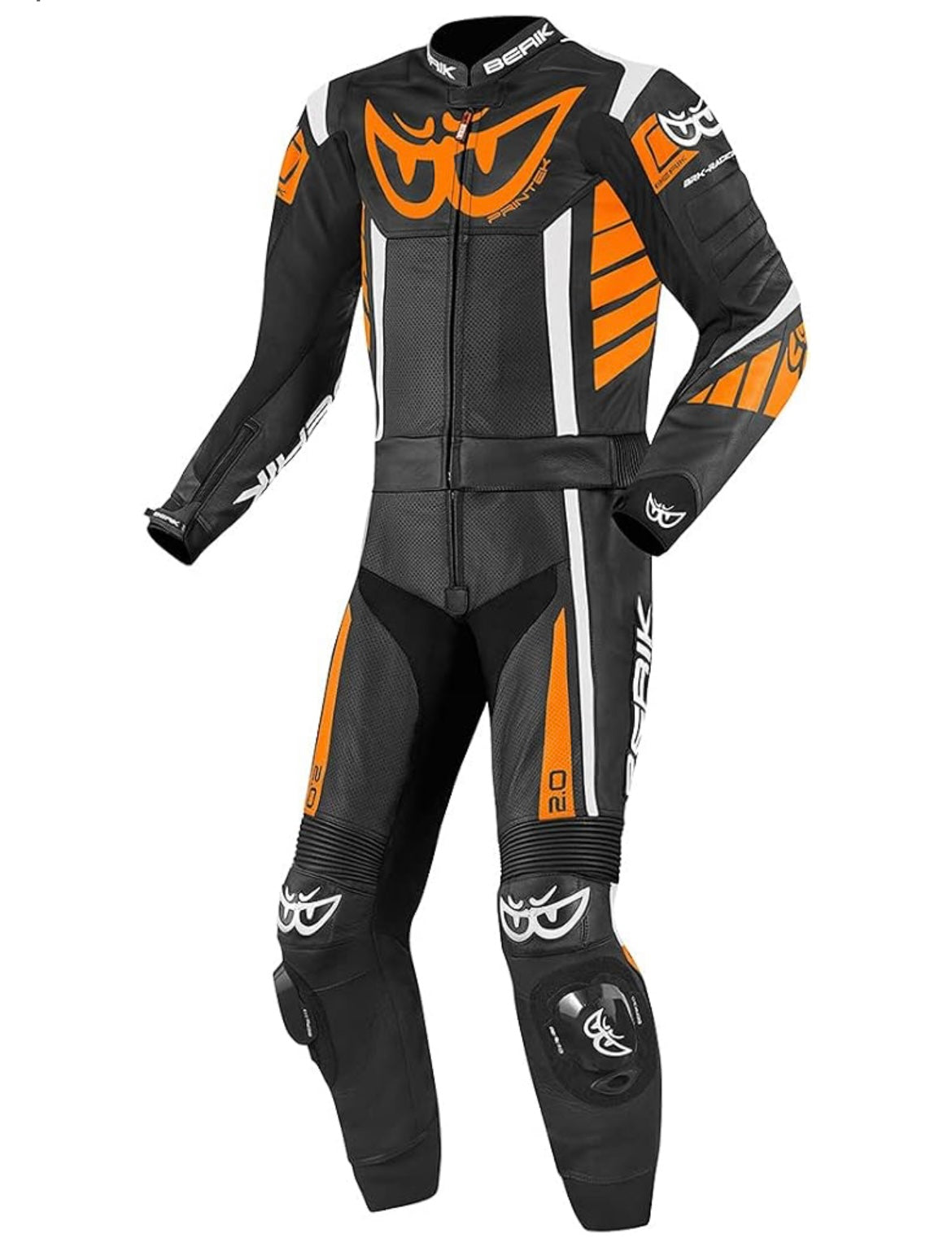 Macacão Berik Zakura de moto de duas peças em pele, preto/branco/amarelo, preto/laranja
Couro