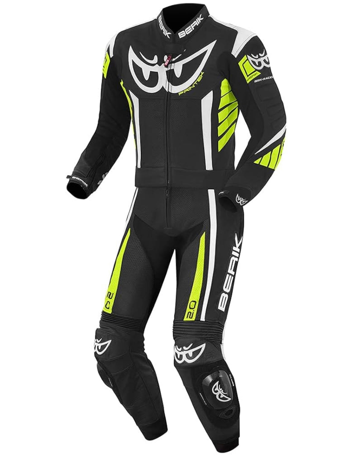 Macacão Berik Zakura de moto de duas peças em pele, preto/branco/amarelo, preto/laranja
Couro