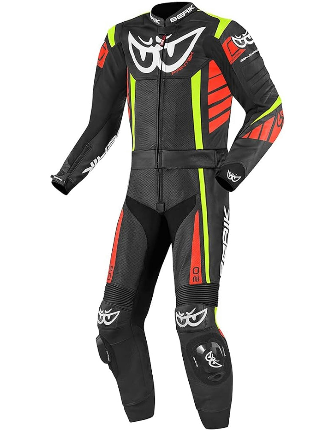 Macacão Berik Zakura de moto de duas peças em pele, preto/branco/amarelo, preto/laranja
Couro